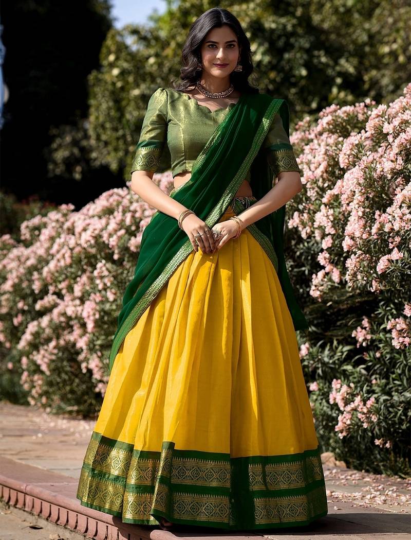Women's Jacquard Zari Weaving Embellished Semi-Stitched Lehenga Choli With Dupatta