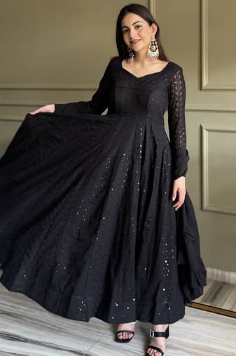 Lucknowi georgette anarkali suit set with dupatta – heavy sequence & thread work, fully flared kali pattern