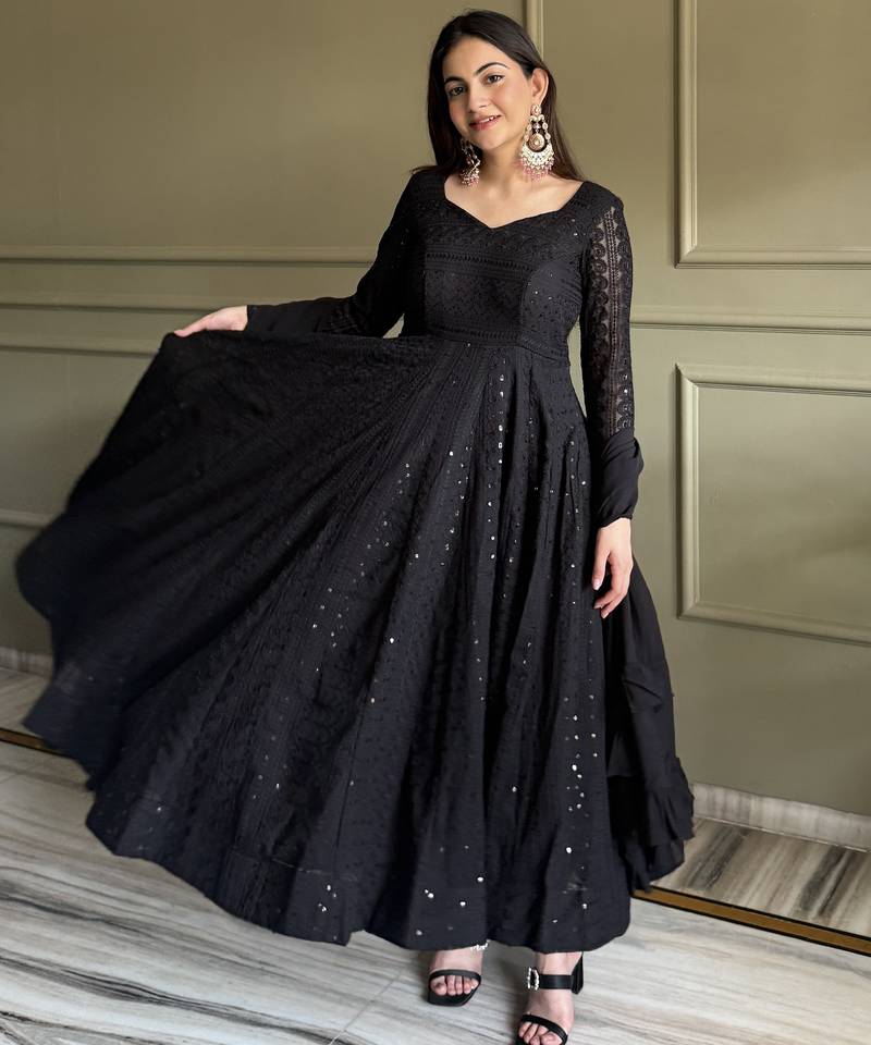 Lucknowi georgette anarkali suit set with dupatta – heavy sequence & thread work, fully flared kali pattern