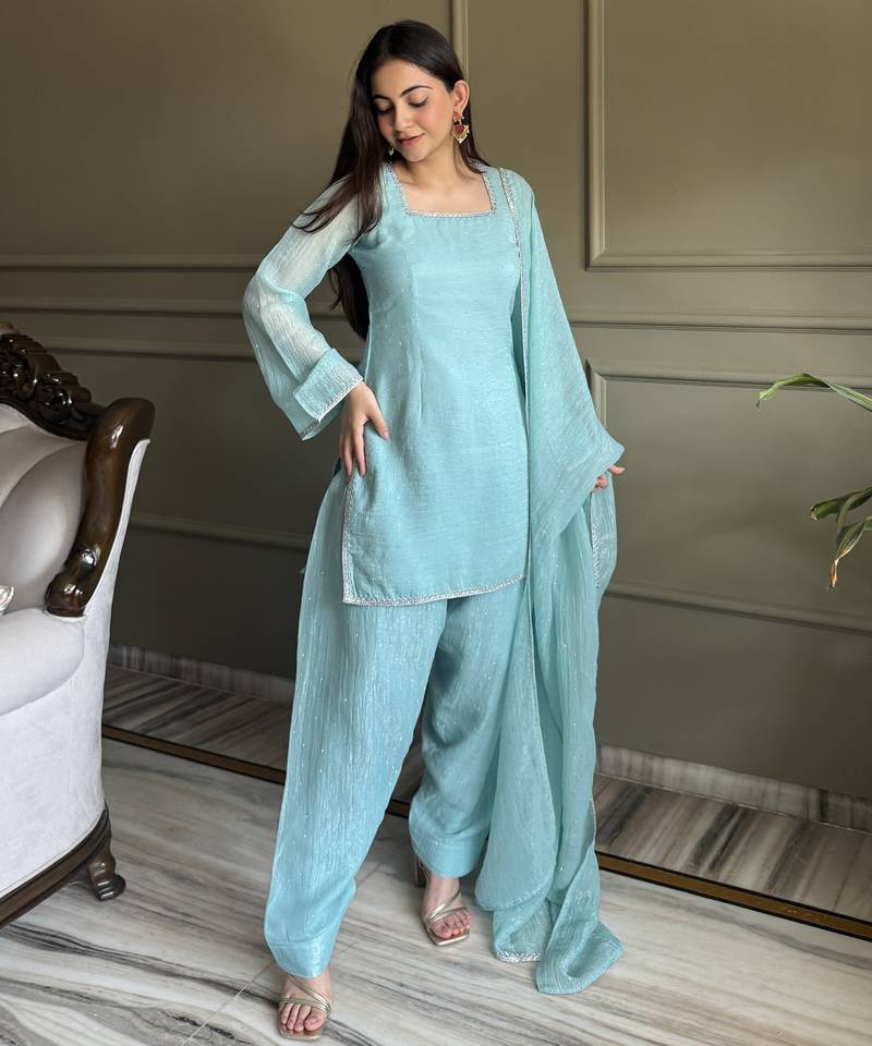 Elegant crunchy silk farshi salwar suit with swarovski work & dupatta – ready to wear