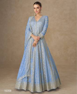 Blue  heavy chinon embroidered sequin work anarkali with dupattaparty wear 1