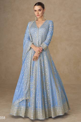 Blue premium heavy chinon embroidered sequence work anarkali with dupatta – designer party wear