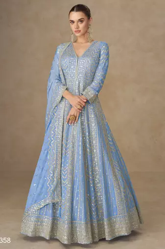 Blue premium heavy chinon embroidered sequence work anarkali with dupatta – designer party wear