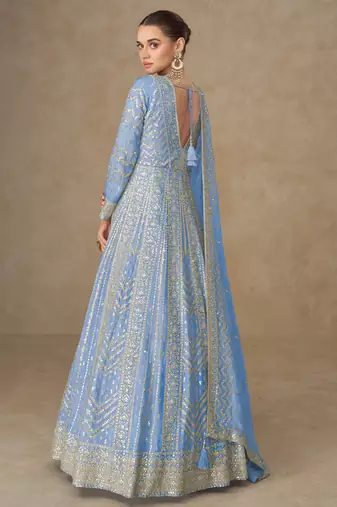 Blue premium heavy chinon embroidered sequin work anarkali with dupattaparty wear