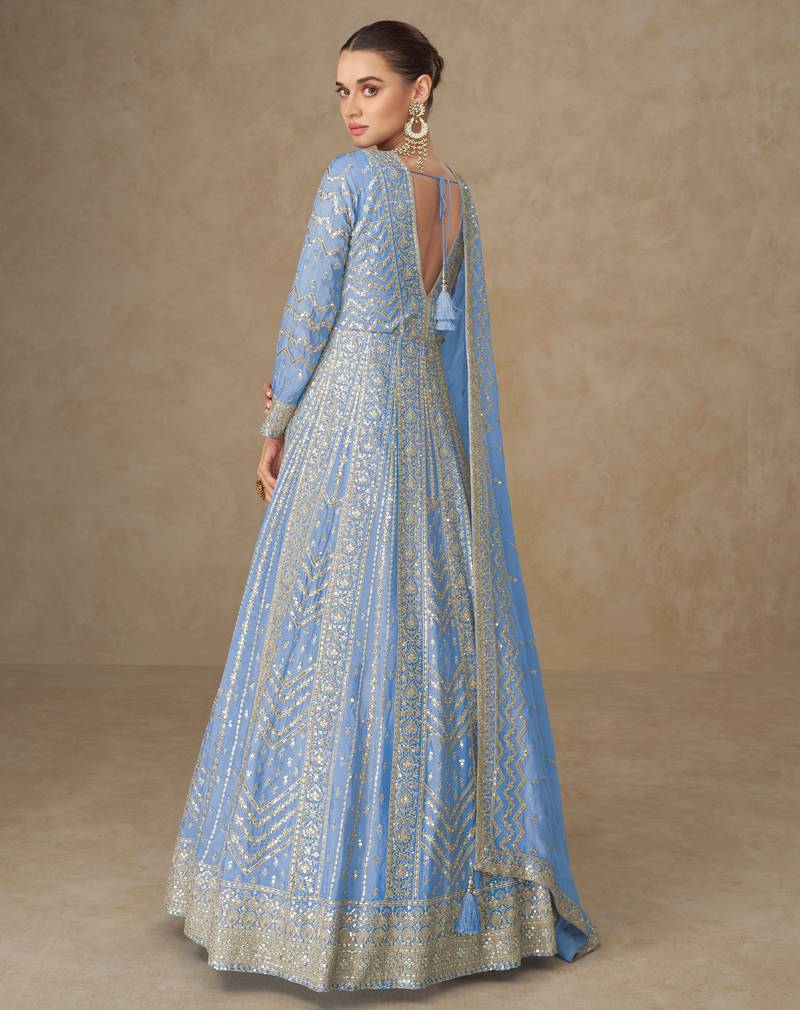 Blue premium heavy chinon embroidered sequence work anarkali with dupatta – designer party wear