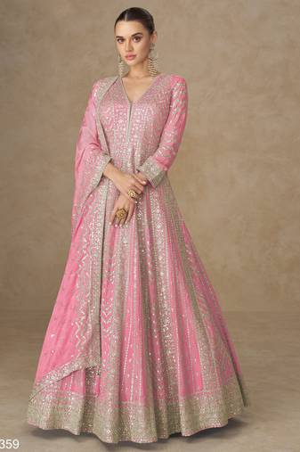 Pink premium heavy chinon embroidered sequence work anarkali with dupatta – designer party wear