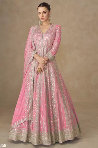 Pink premium heavy chinon embroidered sequence work anarkali with dupatta – designer party wear