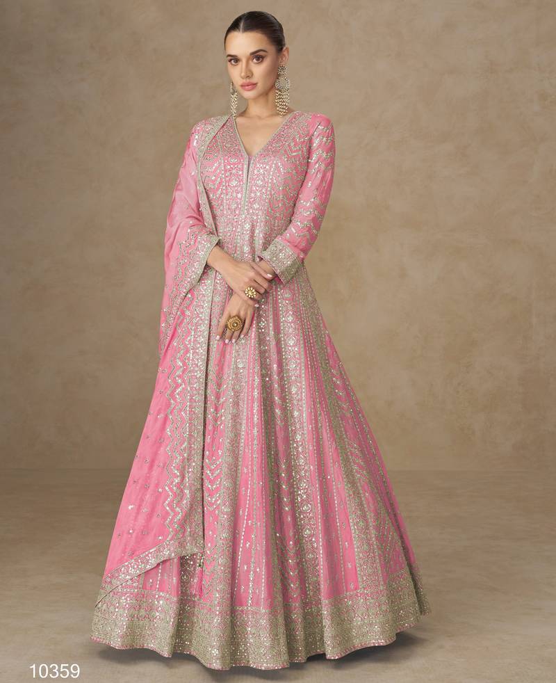 Pink premium heavy chinon embroidered sequence work anarkali with dupatta – designer party wear