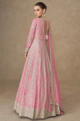 Pink premium heavy chinon embroidered sequin work anarkali with dupattaparty wear
