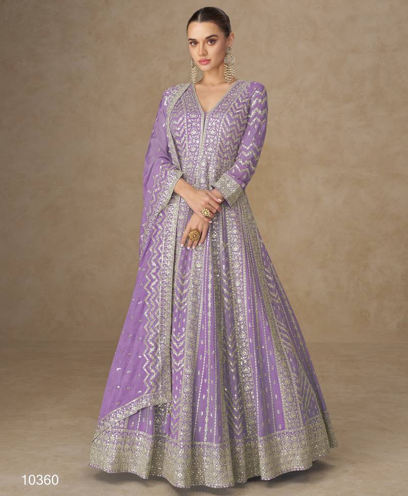 Lavender premium heavy chinon embroidered sequence work anarkali with dupatta – designer party wear
