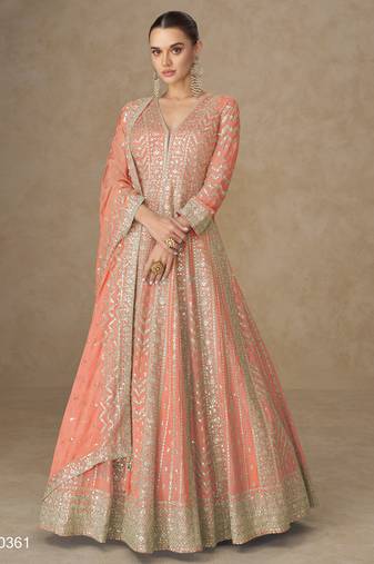 Orange premium heavy chinon embroidered sequence work anarkali with dupatta – designer party wear