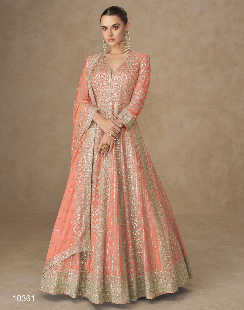 Orange premium heavy chinon embroidered sequence work anarkali with dupatta – designer party wear