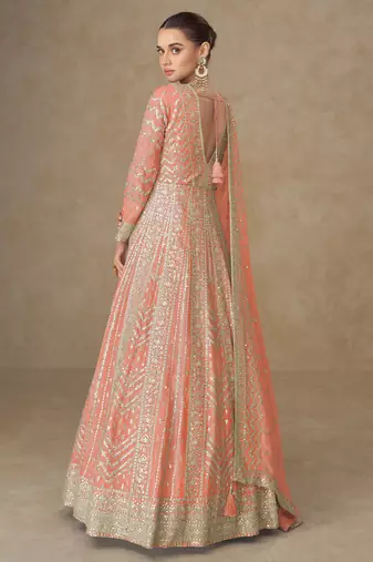 Orange premium heavy chinon embroidered sequin work anarkali with dupattaparty wear
