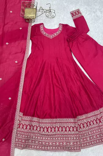 Pink anarkali suit with zari border