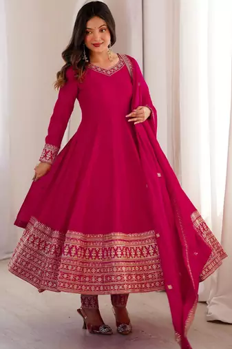 Pink anarkali suit with zari border