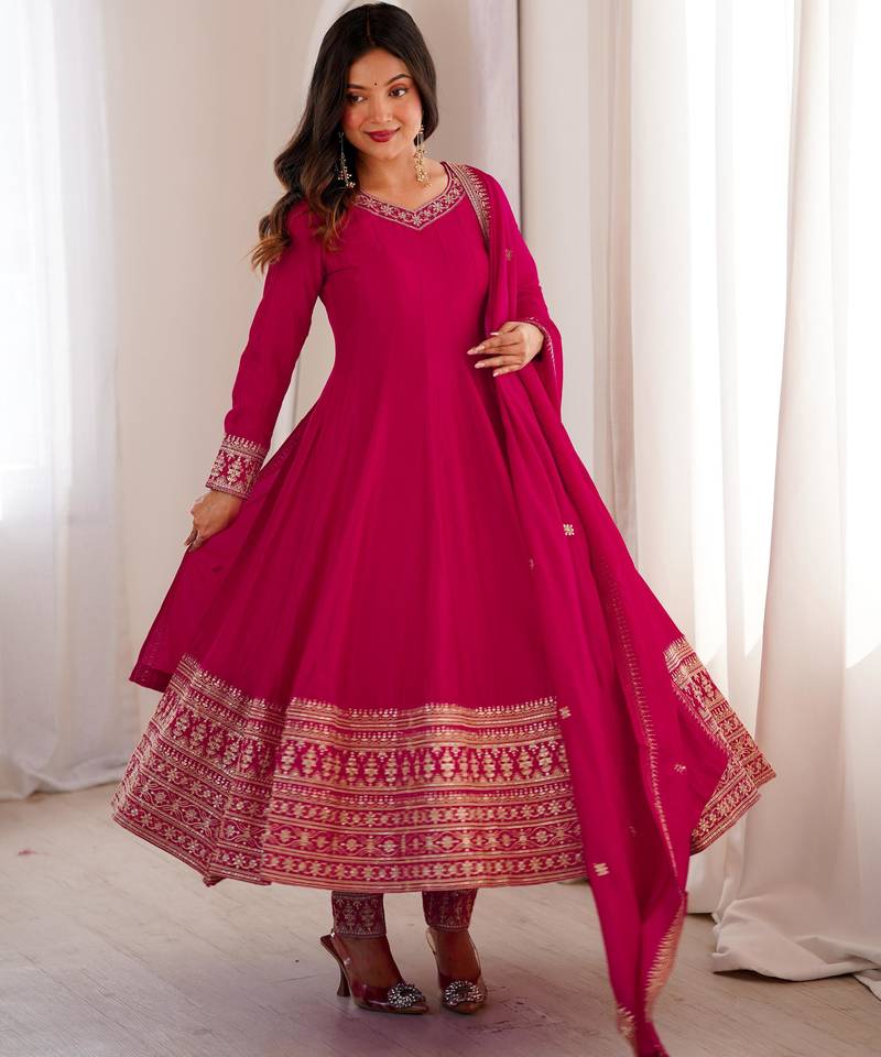 Pink anarkali suit with zari border