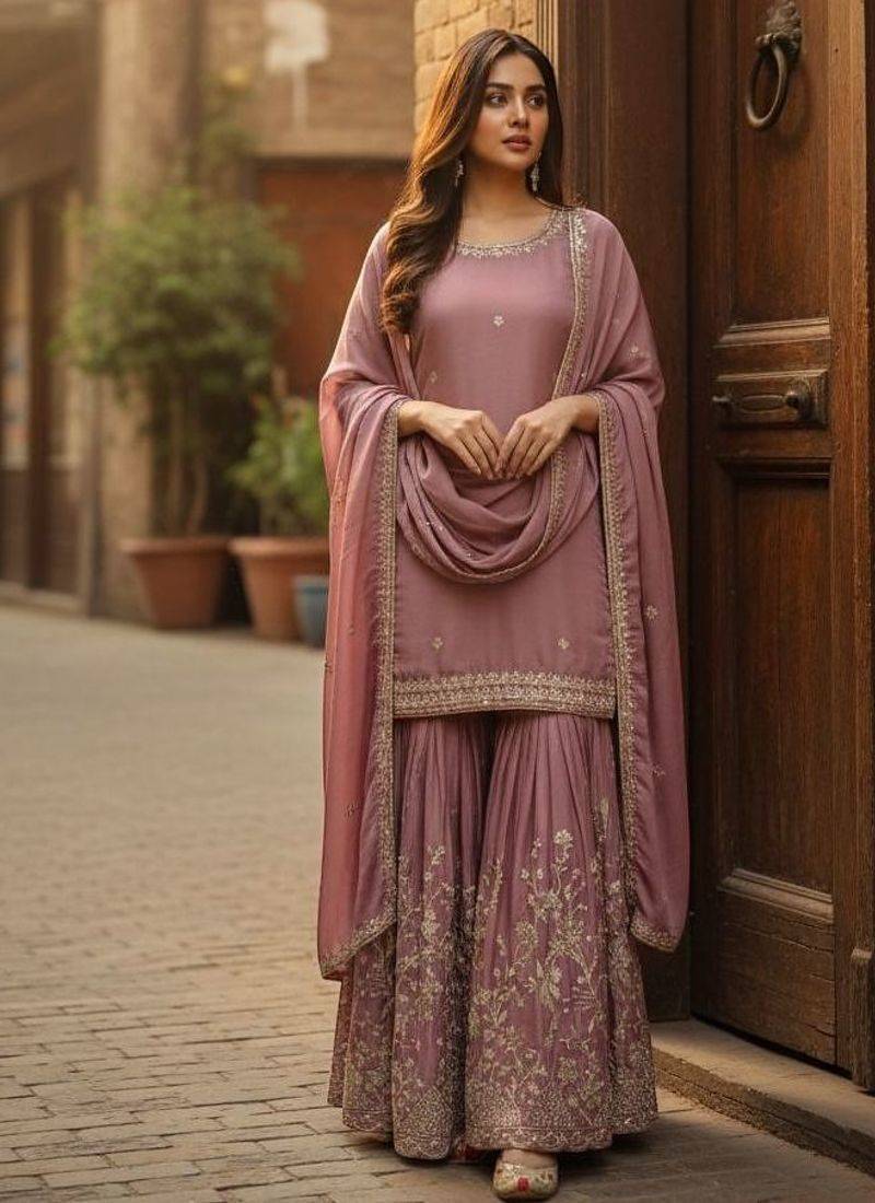 Mauve embroidered kurta sharara set