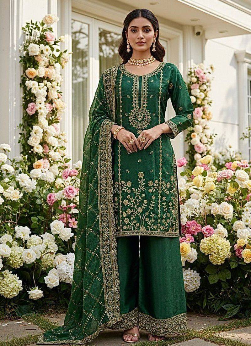 Dark green floral organza suit