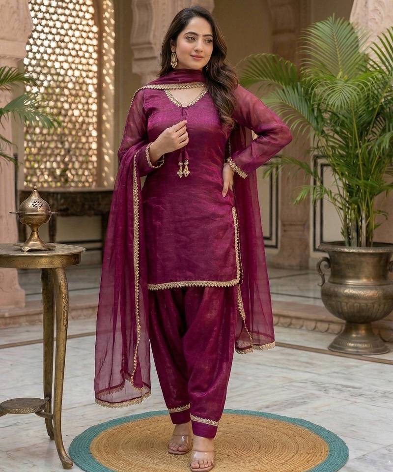 Wine silk kurta palazzo set