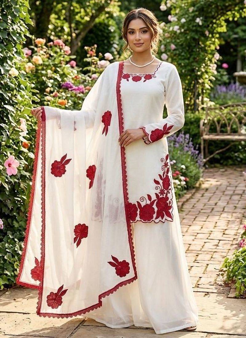White and red embroidered suit set