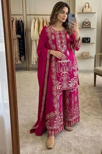 Rani-pink kurta pant set with dupatta