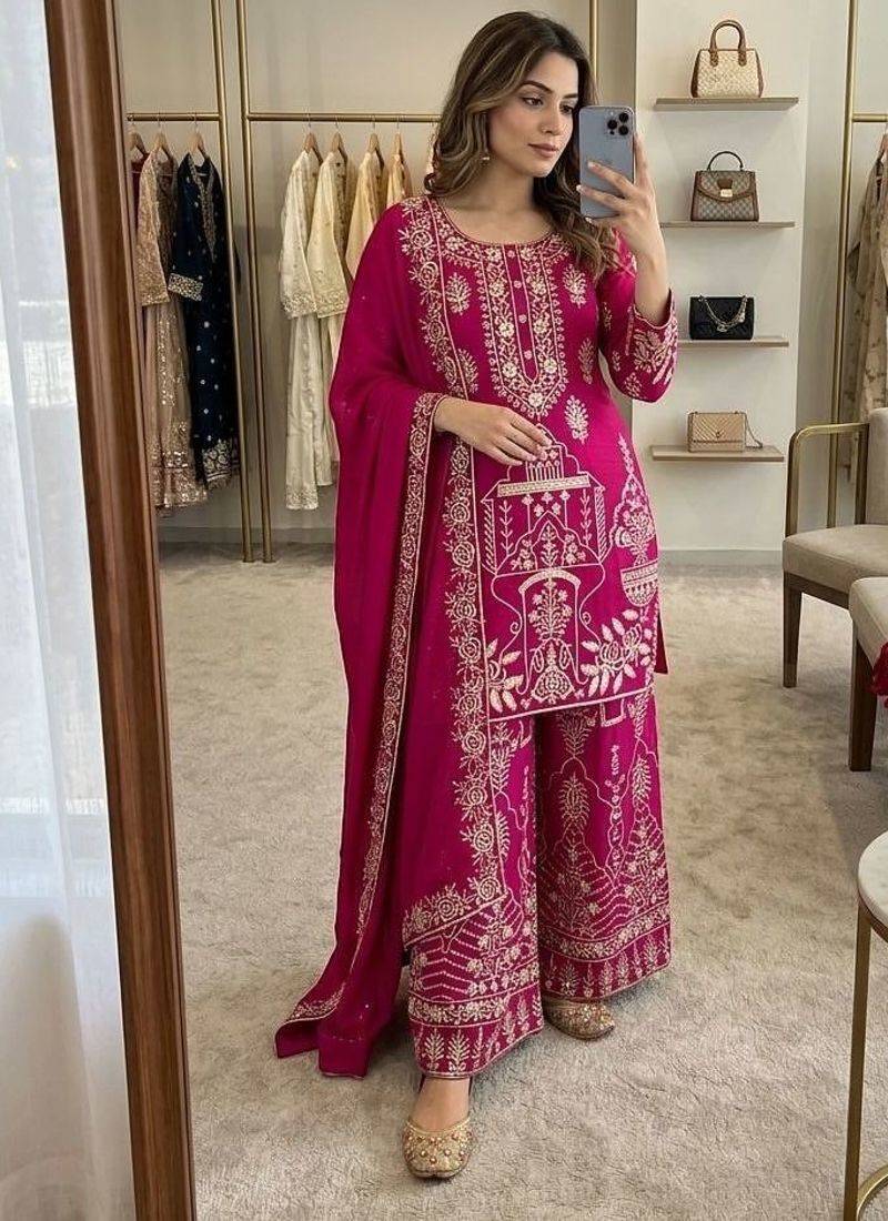 Rani-pink kurta pant set with dupatta