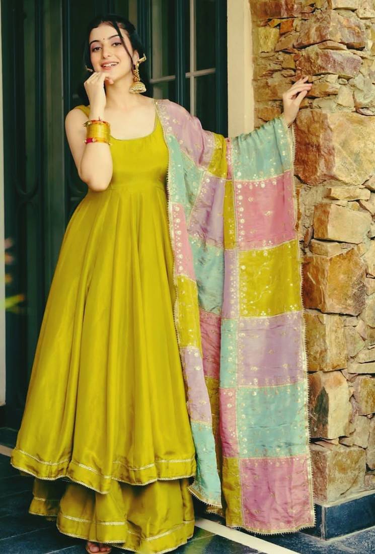 Green silk anarkali gown