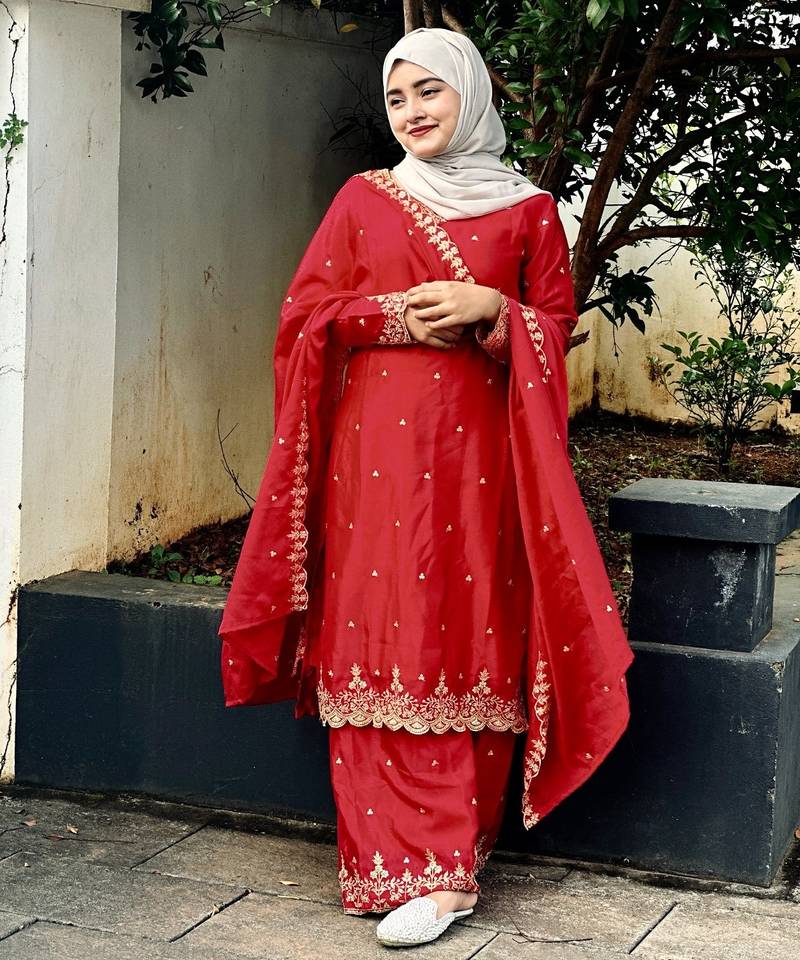 Red silk embroidered salwar suit
