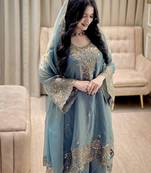 Teal blue embroidered silk suit