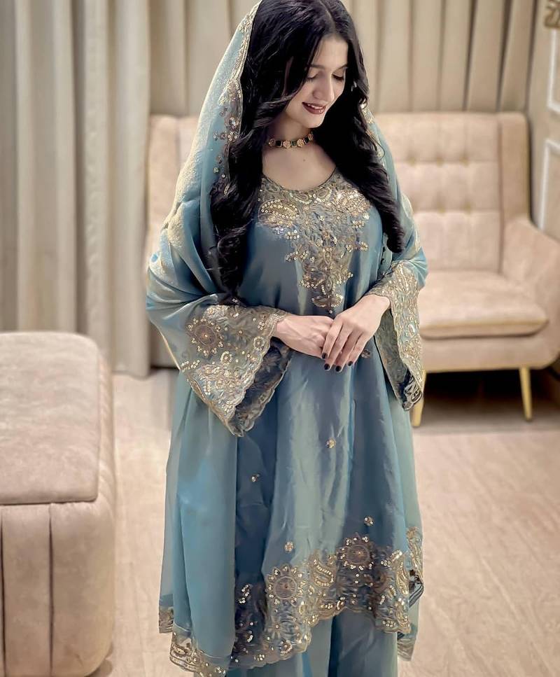 Teal blue embroidered silk suit