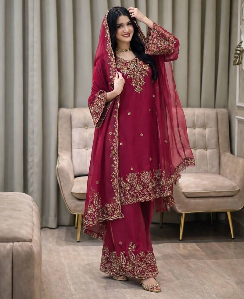 Rani pink silk embroidered salwar suit
