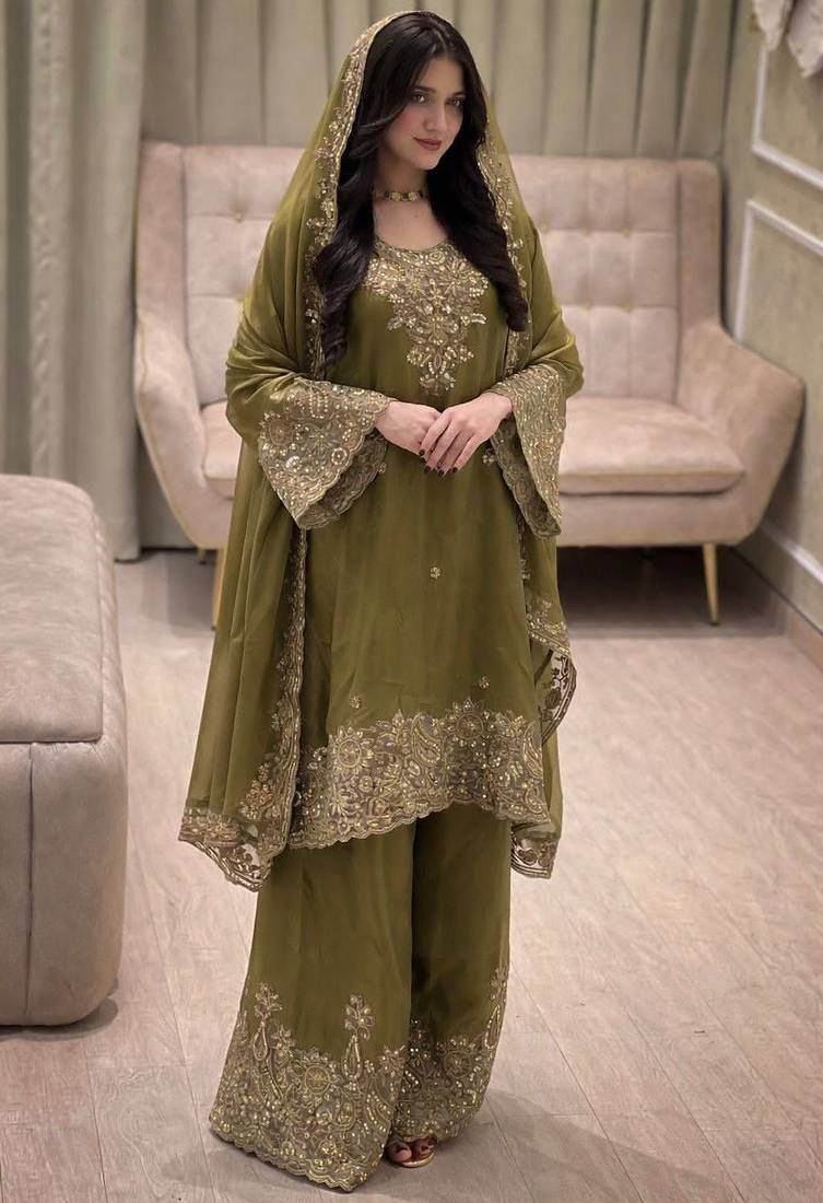 Olive silk suit