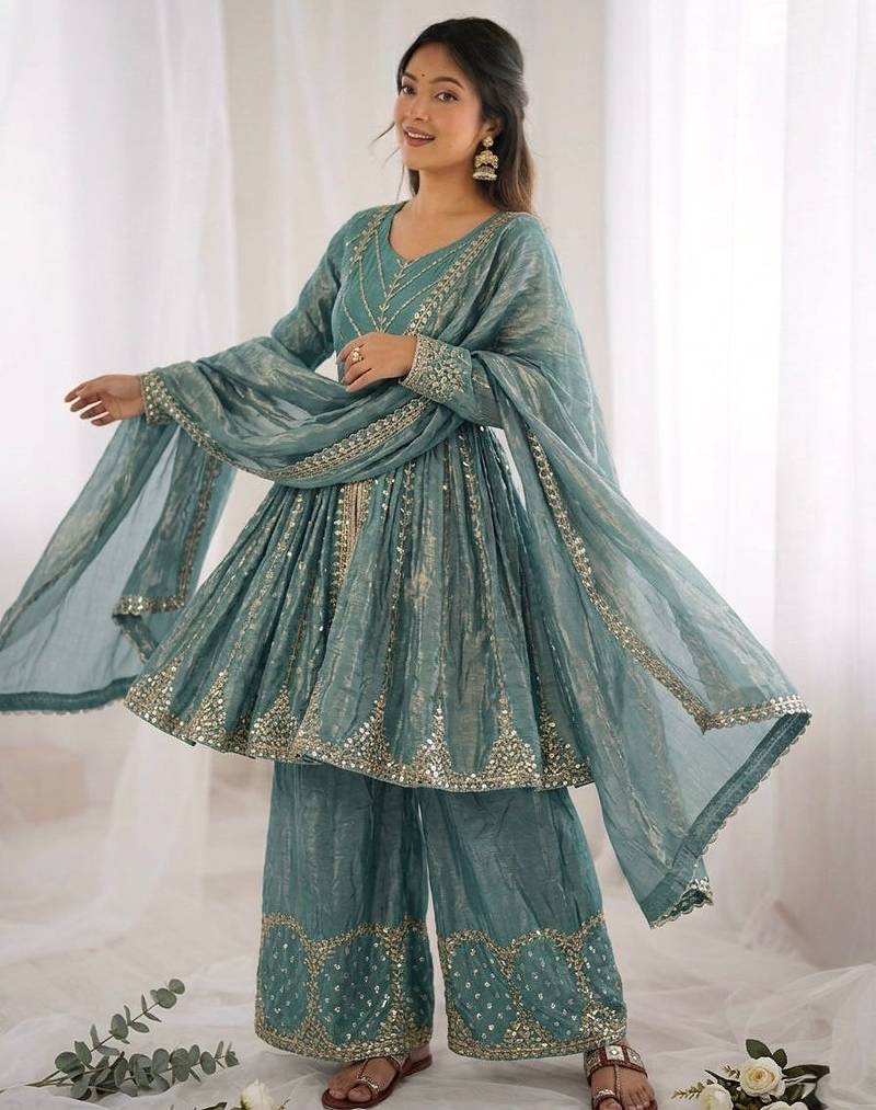 Blue embroidered anarkali set