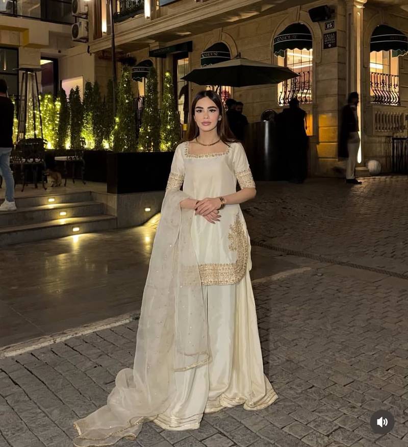 White gold-border sharara suit