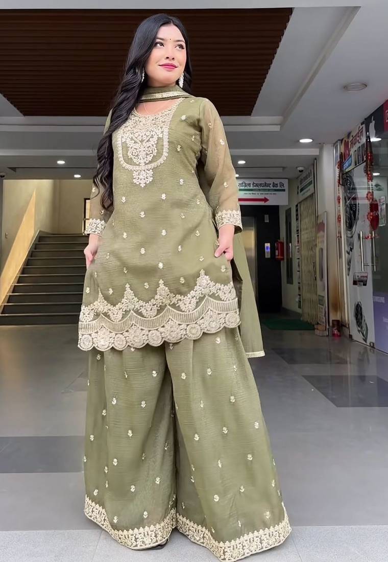 Light olive  embroidered sharara set