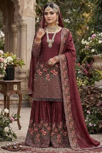 Maroon heavily embellished bridal sharara