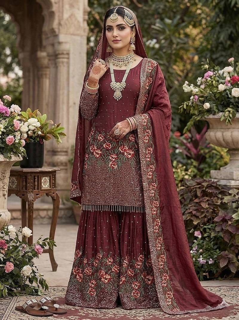Maroon heavily embellished bridal sharara