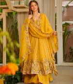 Dark yellow embroidered anarkali set