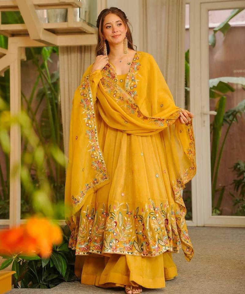 Dark yellow embroidered anarkali set