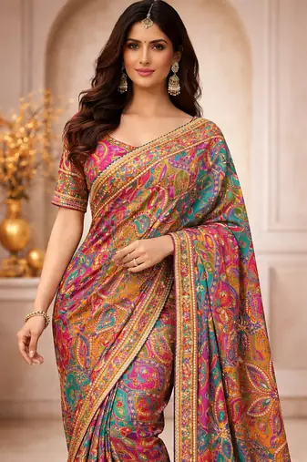 Designer pure base printed saree with embroidery sequence work & ready-to-wear blouse