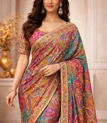 Designer pure base printed saree with embroidery sequence work & ready-to-wear blouse