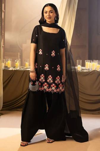 Black floral embellished kurta