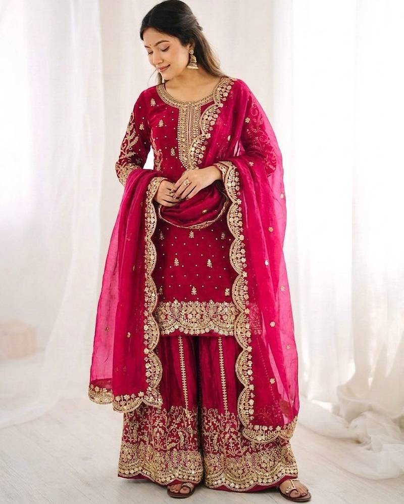 Rani pink heavily embroidered silk blend sharara set