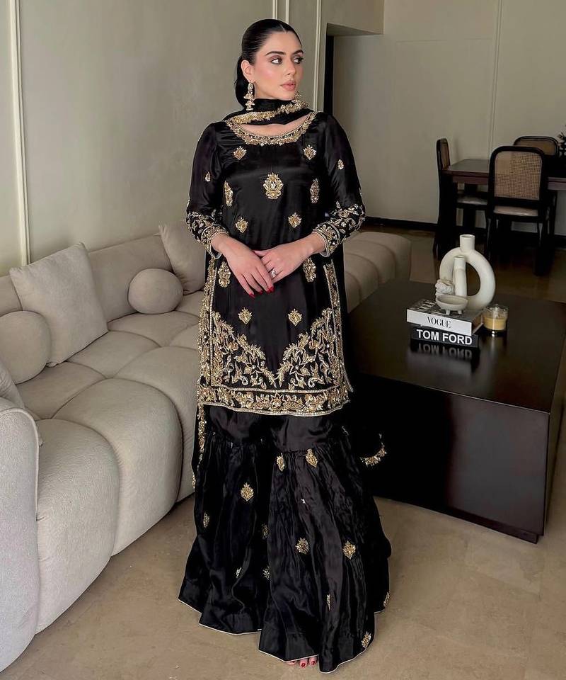 Black embroidered suit (flatlay)