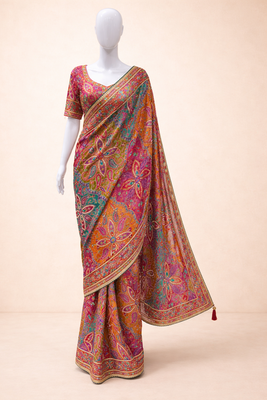 pure base printed saree with embroidery sequence work & ready-to-wear blouse 2