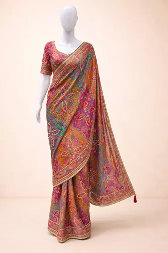  pure base printed saree with embroidery sequence work & ready-to-wear blouse