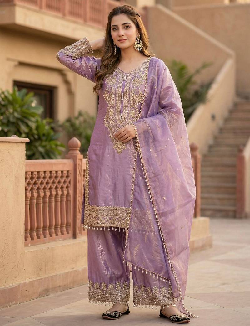 Lavender embroidered kurta palazzo set