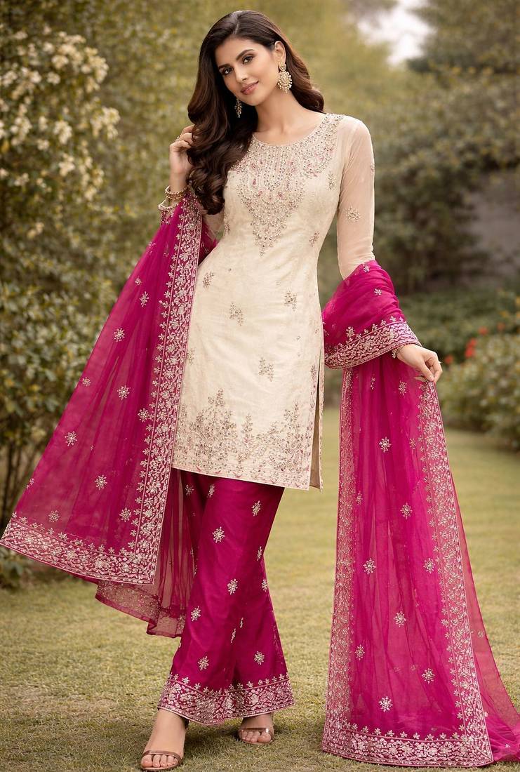 Cream kameez with rani pink palazzo embroidered suit