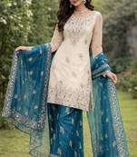 Cream and teal embroidered suit