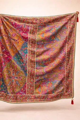 pure base printed saree with embroidery sequence work & ready-to-wear blouse